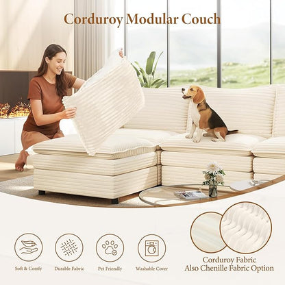 Vesgantti 142" Oversized Sectional Sofa Bed, 8-Seater Modular Sleeper Cloud Couch with Movable Ottoman, Corduroy Convertible Sofa Set Deep Seat Couches for Living Room, Bedroom and Apartment, Beige