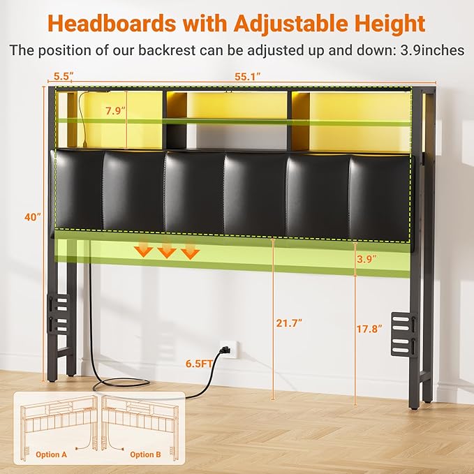 Aheaplus Headboard for Full Size Bed with Storage, Upholstered Headboards with Outlets, USB Ports and LED Light, Reversible Full Size Head Board, Height Adjustable, Comfortable Headboard, Black