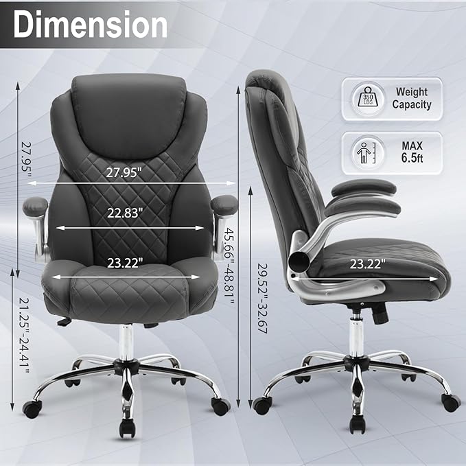 Executive Office Chair, Pu Leather High Back Ergonomic Office Desk Chairs with Wheels, 90-120° Rocking Managerial Chair Home Computer Chairs with Flip-up Armrests and Lumbar Support, Grey