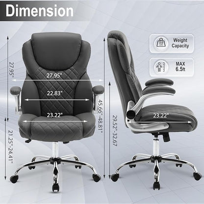 Executive Office Chair, Pu Leather High Back Ergonomic Office Desk Chairs with Wheels, 90-120° Rocking Managerial Chair Home Computer Chairs with Flip-up Armrests and Lumbar Support, Grey