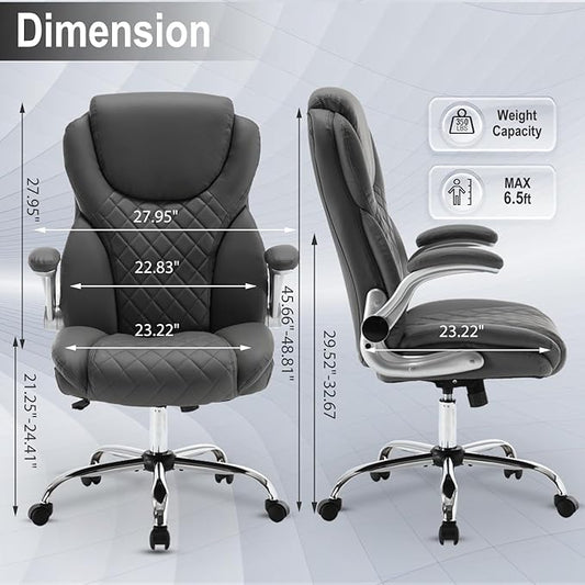 Executive Office Chair, Pu Leather High Back Ergonomic Office Desk Chairs with Wheels, 90-120° Rocking Managerial Chair Home Computer Chairs with Flip-up Armrests and Lumbar Support, Grey