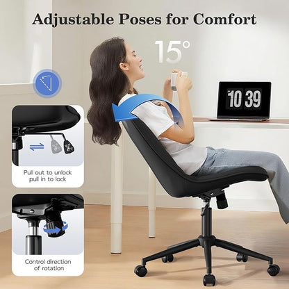Armless Desk Chair, Armless Office Chair with Wheels, Small Desk Chair No Arms for Home Office, Swivel Vantiy Chair with Backs for Bedroom, Rolling Task Chair for Small Space, Black