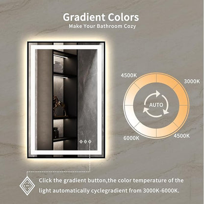 LED Mirror for Bathroom, 24x36 Inch Black Framed Gradient Front and Backlit LED Bathroom Mirror, 3 Colors Dimmable CRI>90, IP54 Enhanced Anti-Fog Bathroom Mirror with Lights