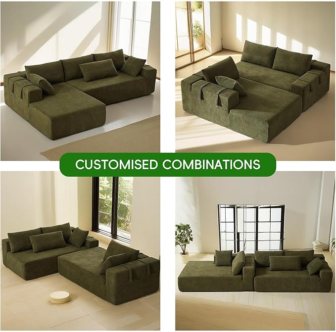 108" Modular Sectional Couch Sofa with L-Shape Chaise, Modern Cloud Comfy Sofa with Deep Seat, Upholstered Couches for Living Room Bedroom, No Assembly Required (Green Right Facing Chaise)
