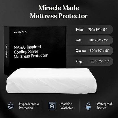 Miracle Made Mattress Protector – Silver-Infused Cotton Fabric – Water-Resistant, Thermoregulating Cover for Sensitive Skin – Compatible with 3-Temperature Zone Comforter, King, White