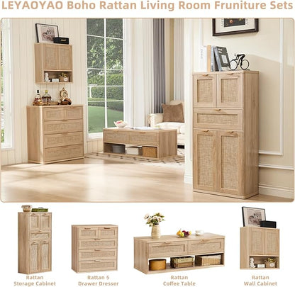 LEYAOYAO 48" Tall Storage Cabinet,Rattan Bathroom Floor Cabinets with 4 Doors & 1Drawer,Boho Kitchen Pantry with Adjustable Shelves,Wooden Cupboard for Living Room,Home Office,Dining,Natural Wood