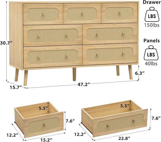 SINROM® Rattan Dresser for Bedroom, Farmhouse Dresser 7 Drawer for Bedroom, Wide Chest of Organizer Storage Drawers for Living Room, Hallway, Entryway