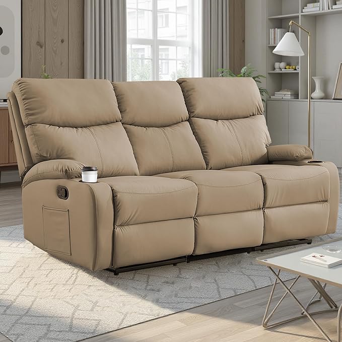 3-Seater Manual Seater Reclining Anti-Scratch 3 Seat Reclining Sofa with Side Pocket and Cupholders Reclining Loveseat Sofa for Living Room Meeting Room Bedroom Office Apartment