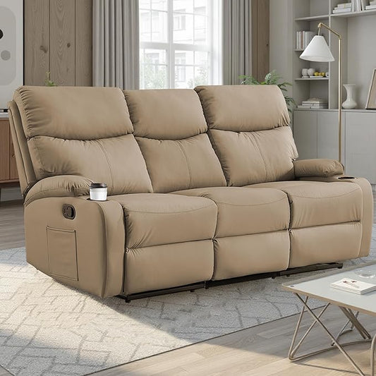 3-Seater Manual Seater Reclining Anti-Scratch 3 Seat Reclining Sofa with Side Pocket and Cupholders Reclining Loveseat Sofa for Living Room Meeting Room Bedroom Office Apartment