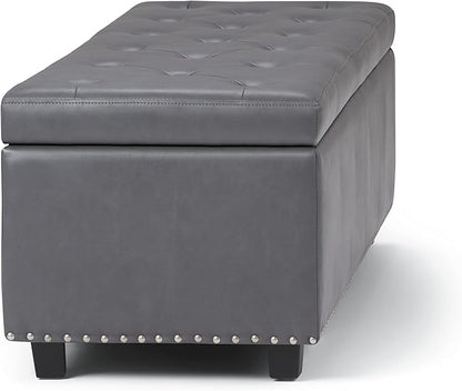 SIMPLIHOME Hamilton 48 inch Wide Transitional Rectangle Storage Ottoman in Stone Grey Vegan Faux Leather, Assembled, For the Living Room, Entryway and Family Room