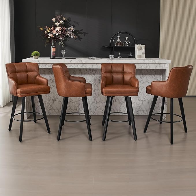 360°Swivel Counter Height Bar Stools with Back, 30 inch Solid Wood Legs, Bar Stool Modern Kitchen Island Chairs, Faux Leather (Brown- Faux Leather, 30" H- Set of 4)