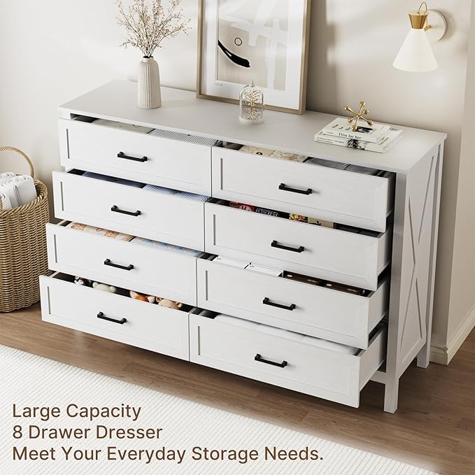 LYNSOM Farmhouse 8 Drawer Dresser for Bedroom, 55 Inch Wide Wood Rustic Chest of Drawers with X-Marking & Bar Handle, Large Storage Dressers Organizer for Bedroom, Hallway, White