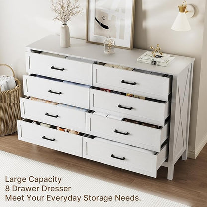 LYNSOM Farmhouse 8 Drawer Dresser for Bedroom, 55 Inch Wide Wood Rustic Chest of Drawers with X-Marking & Bar Handle, Large Storage Dressers Organizer for Bedroom, Hallway, White