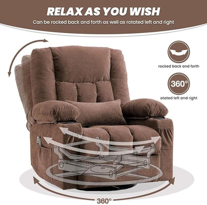 BOSMILLER Oversized Recliner Chair for Adults with Vibration Massage and Lumbar Heating Swivel Rocker Recliner with Cup Holder and USB Charge Port for Living Room