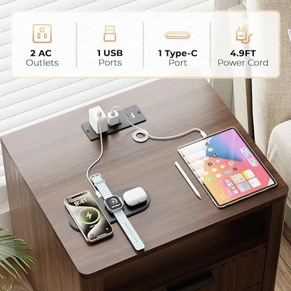 Fluted Nightstand Set of 2, 2 Drawers Storage Bedside Table with Charging Station, Wood Modern Nightstand with Open Shelf, Curved Profile Design, End Table for Indoor Room Bedroom, Walnut
