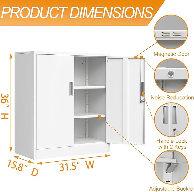 Metal Storage Cabinet, 36 Inch Tall Metal Storage Cabinet with Doors and Shelves, Pantry Cabinets for Kitchen Storage, Garage Cabinet for Living, Dining Room, Assemble Required.