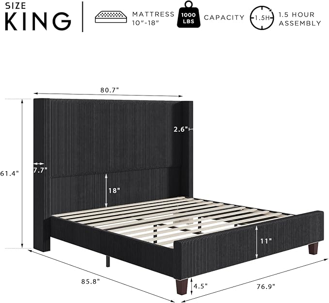 HOWE King Size 61" Corduroy Upholstered Bed Frame, Platform Bed with Vertical Stripe Wingback Headboard, No Box Spring Needed/Noise Free/Solid Wood Slats & Legs/Black