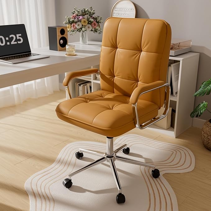 Brown Office Chair with Soft Leather, Swivel Computer Home Office Desk Chair with Wheels and Padded Arms, Adjustable Height and Tilt