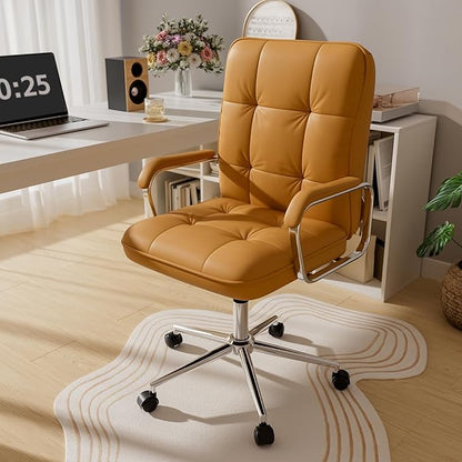 Brown Office Chair with Soft Leather, Swivel Computer Home Office Desk Chair with Wheels and Padded Arms, Adjustable Height and Tilt
