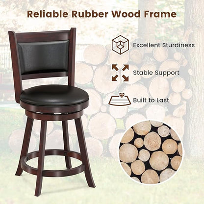 COSTWAY Bar Stools Set of 4, 360 Degree Swivel, 24" Accent Wooden Swivel Seat Counter Height Bar Stool, Leather Upholstered Design, PVC Cushioned Seat, Perfect for Dining and Living Room (Height 24")