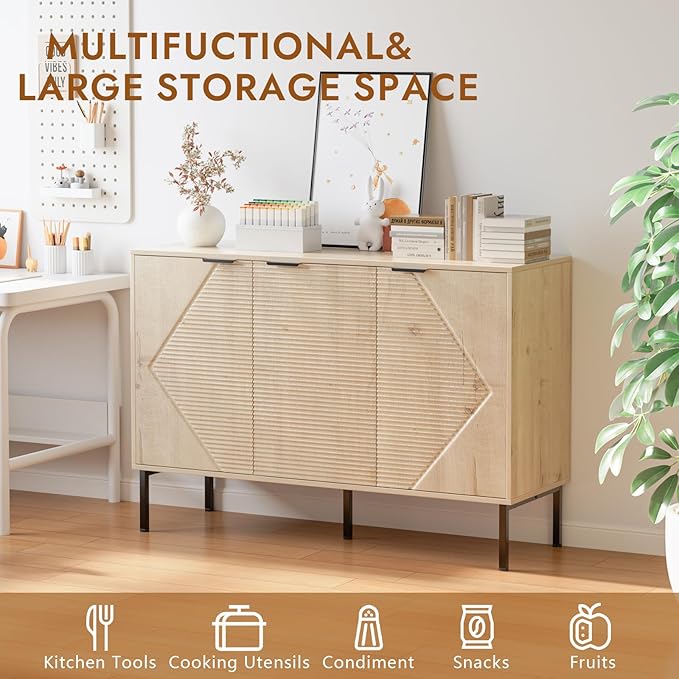 Large Buffet Sideboard Cabinet,45.98" Long Credenza Storage Cabinet,Mid Century Modern Kitchen Pantry Storage Cupboard Cabinets with 3 Doors and Shelves,Fluted Entryway Cabinets for Dining Room