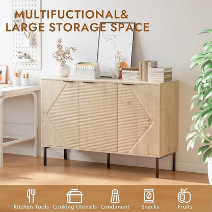 Large Buffet Sideboard Cabinet,45.98" Long Credenza Storage Cabinet,Mid Century Modern Kitchen Pantry Storage Cupboard Cabinets with 3 Doors and Shelves,Fluted Entryway Cabinets for Dining Room