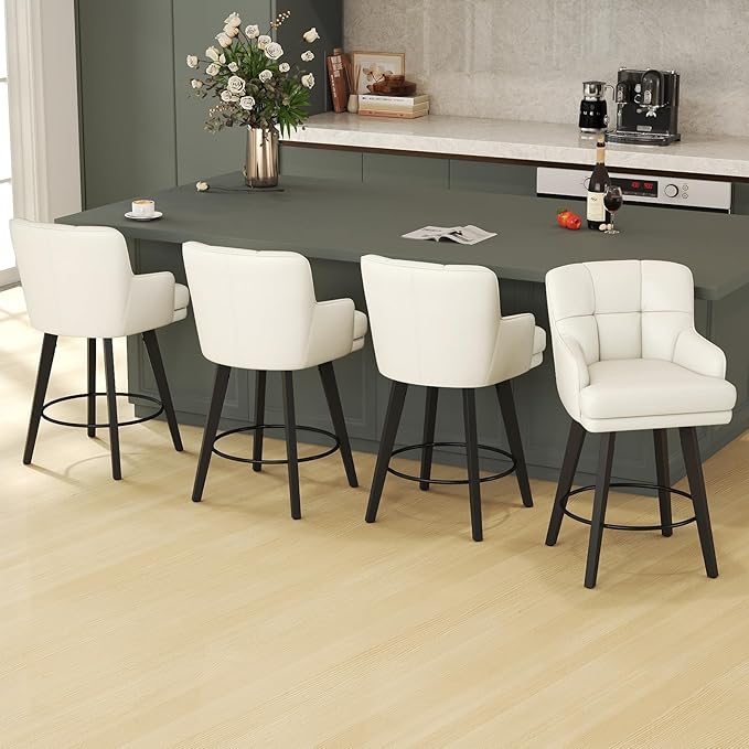 360°Swivel Counter Height Bar Stools with Back, 26 inch Solid Wood Legs, Bar Stool Modern Kitchen Island Chairs, Faux Leather (Beige- Faux Leather, 26" H- Set of 4)