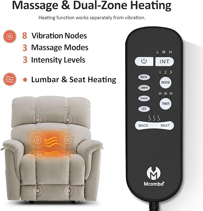 MCombo Large-Wide Dual Motor Power Lift Recliner Chair, Massage and Dual Heating for Elderly People, Infinite Position, Fabric R7166 (Beige)