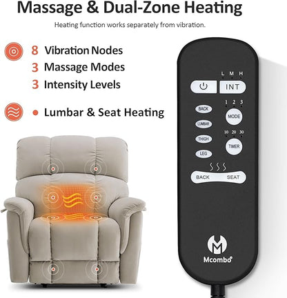 MCombo Large-Wide Dual Motor Power Lift Recliner Chair, Massage and Dual Heating for Elderly People, Infinite Position, Fabric R7166 (Beige)