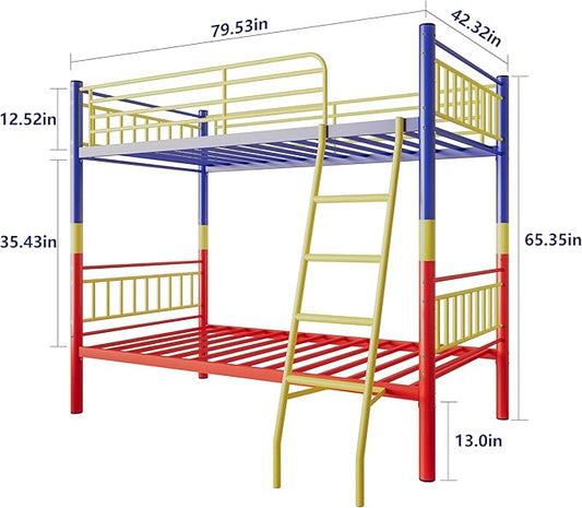 Metal Bunk Bed Twin Over Twin，Loft Bed with Removable Ladder and Full-Length Guardrail，Twin Bunk Beds Frame Heavy Duty Metal Slat Support for Adults, Kids and Young Teens