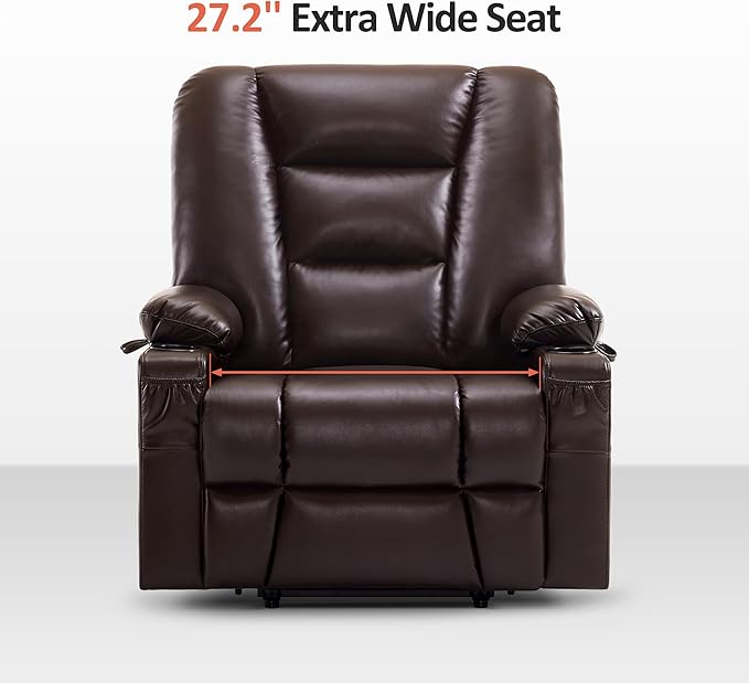 MCombo Oversized Power Lift Recliner Chair with Massage and Heat for Big and Tall Elderly People, Cup Holders, USB Ports, Side Pockets, Faux Leather R7541 (Dark Brown, Large-Oversize)