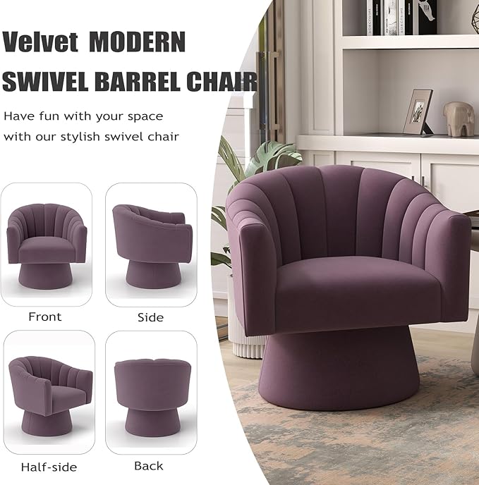 Swivel Accent Chair Set of 2, Upholstered Velvet 360° Swivel Barrel Chair for Living Room Overstuffed Bouncle Reading Chair Round Armchair for Bedroom,Vanity,Office (Purple)