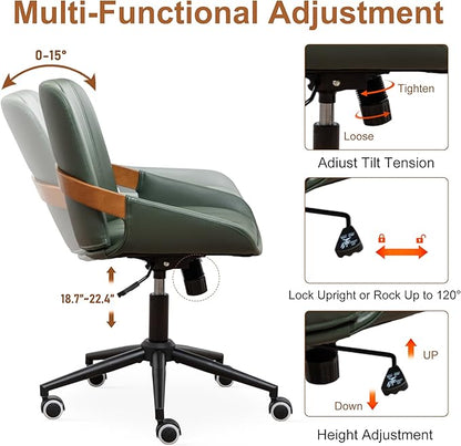 Small Home Office Chair No Arms,PU Leather Desk Chair with Wheels,Adjustable Height Work Chair,360° Swivel Computer Desk Chair for Office, Reading and Study (Green)