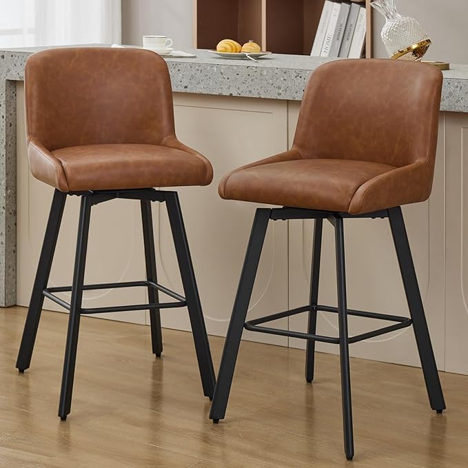Swivel Bar Stools Set of 2, 30''H Upholstered Barstools with Backs, Modern Counter Height Bar Stool Chairs for Kitchen Island, Metal Legs, Faux Leather, Brown Counter Stools