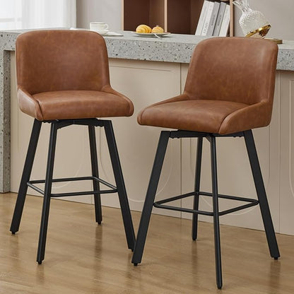 Swivel Bar Stools Set of 2, 30''H Upholstered Barstools with Backs, Modern Counter Height Bar Stool Chairs for Kitchen Island, Metal Legs, Faux Leather, Brown Counter Stools