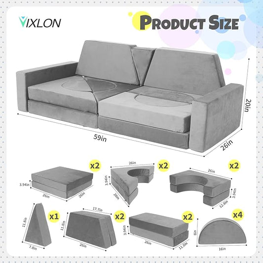 15 Pcs Modular Kids Play Couch, Toddler Couches That Fold Out, Plush Foam Chair for Children’s Playroom, Velvet Fabric Convertible Foam and Floor Cushion for Boys and Girls (Gray,27)