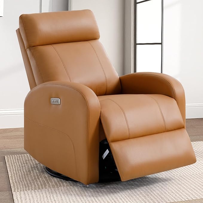 Power Recliner, Faux Leather Swivel Rocker Recliner Chair with USB Port, Electric Swivel Rocking Reclining Chair Glider Recliner for Adults Living Room, Brown