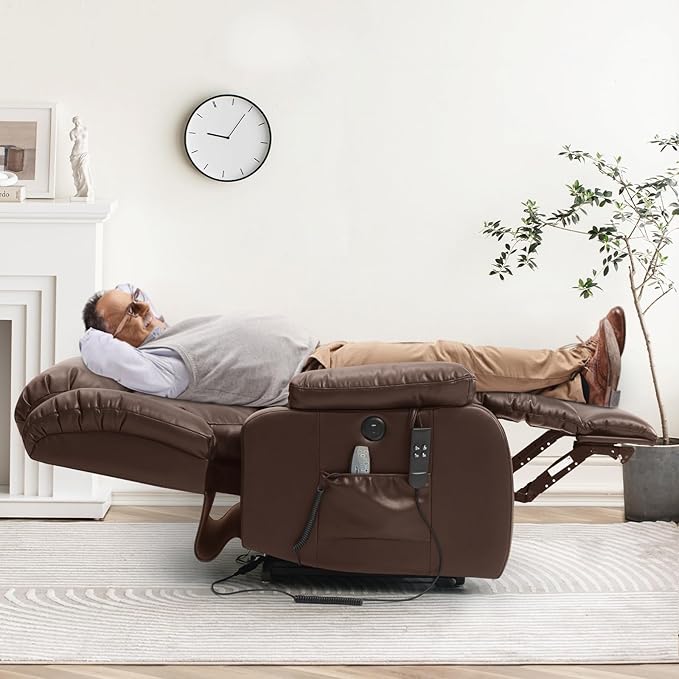 Dual Motor Large Power Lift Recliner Chair for Elderly with Heat and Massage,Lay Flat Lift Chairs Recliners for Seniors Infinite Position,USB Ports&Remote, Leather (Ochre) (Brown, Medium)