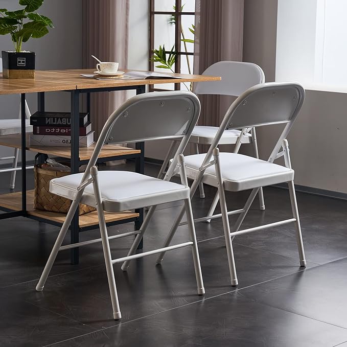 4PCS Elegant Folding Metal Chairs with Padded Seats,Potable Iron & PVC Durable Chairs for Convention & Exhibition Easy to take fit for Any Occasions 330lbs Capacity (White, 4 PCS)