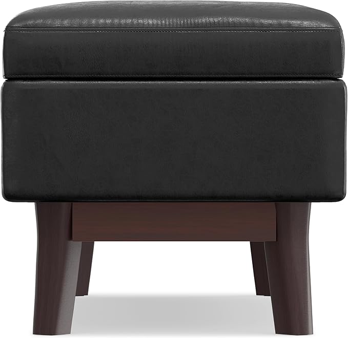 SIMPLIHOME Owen 48 inch Wide Mid Century Modern Rectangle Rectangular Storage Ottoman in Distressed Black Vegan Faux Leather, Assembled, for the Living Room, Entryway and Family Room