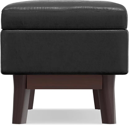 SIMPLIHOME Owen 48 inch Wide Mid Century Modern Rectangle Rectangular Storage Ottoman in Distressed Black Vegan Faux Leather, Assembled, for the Living Room, Entryway and Family Room
