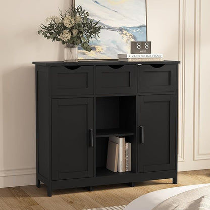 Sideboard Floor Storage Cabinet - Wooden Storage Organizer with 2 Doors and 3 Drawers, Free Standing Accent Buffet Cabinet with Adjustable Shelves for Living Room, Bedroom.Bathroom (Black)