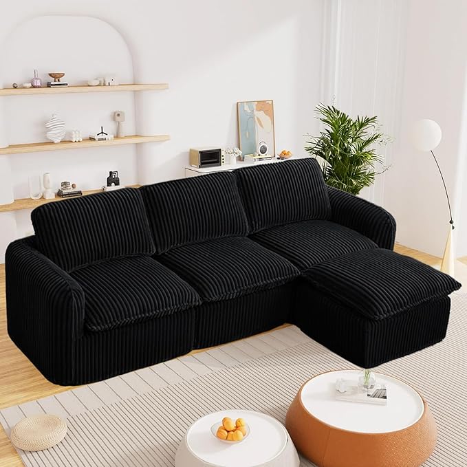 110'' Boneless Modular Sectional Couches for Living Room, Comfy Cloud Couch Sectional Sofas with Ottoman, Convertible L Shaped Couches for Apartment, Dorm, No Assembly Required, Black Corduroy