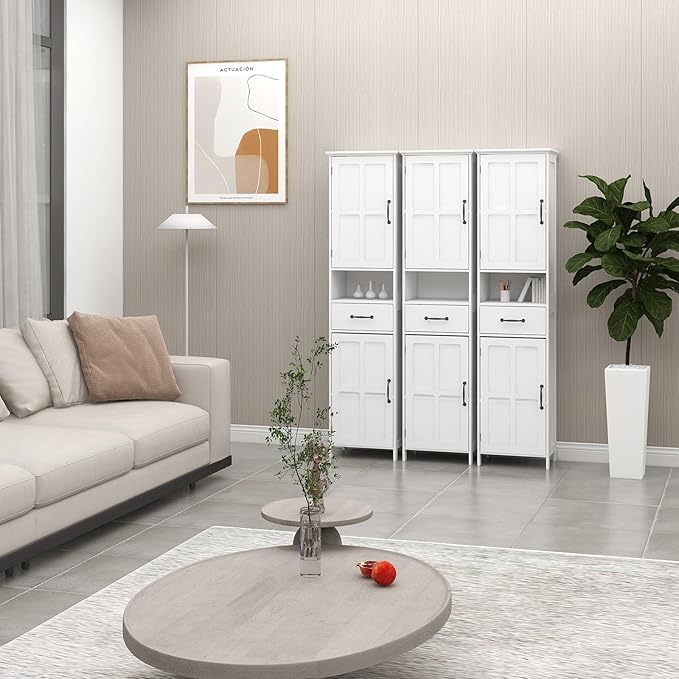 Tall Bathroom Storage Cabinet, White Bathroom Cabinets Freestanding, Narrow Storage Cabinet w/Adjustable Shelves for Home, Kitchen, Versatile, Anti-Tipping