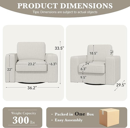 360 Degree Rotation Swivel Accent Sofa Chairs, 36'' Width Oversized Armchairs 1 pcs Linen Living Room,Reading-Khaki
