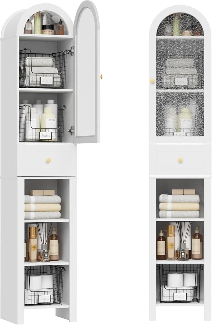 70" Tall Bathroom Storage Cabinet with Acrylic Door，Narrow Storage Cabinet with Drawer Adjustable Shelves, Modern Arched Design Bathroom Cabinet for Bathroom, Living Room, Kitchen, White