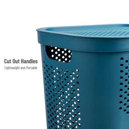 Mind Reader 60L Slim Laundry Hamper, Clothes Basket, Lid, Ventilated, Plastic, Set of 2, Blue