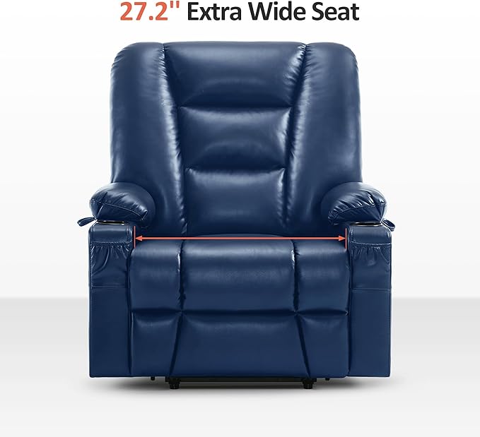 MCombo Oversized Power Lift Recliner Chair with Massage and Heat for Big and Tall Elderly People, Cup Holders, USB Ports, Side Pockets, Faux Leather R7541 (Navy Blue, Large-Oversize)