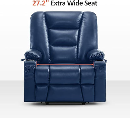 MCombo Oversized Power Lift Recliner Chair with Massage and Heat for Big and Tall Elderly People, Cup Holders, USB Ports, Side Pockets, Faux Leather R7541 (Navy Blue, Large-Oversize)