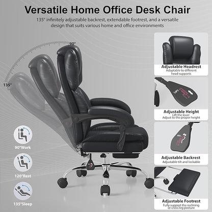 Big and Tall Office Chair, Executive Home Office Desk Chair, Leather Computer Chair with Retractable Footrest, Adjustable Headrest and Reclining Height, Padded Arms, 360°Swivel Free, Wide Seat, Black